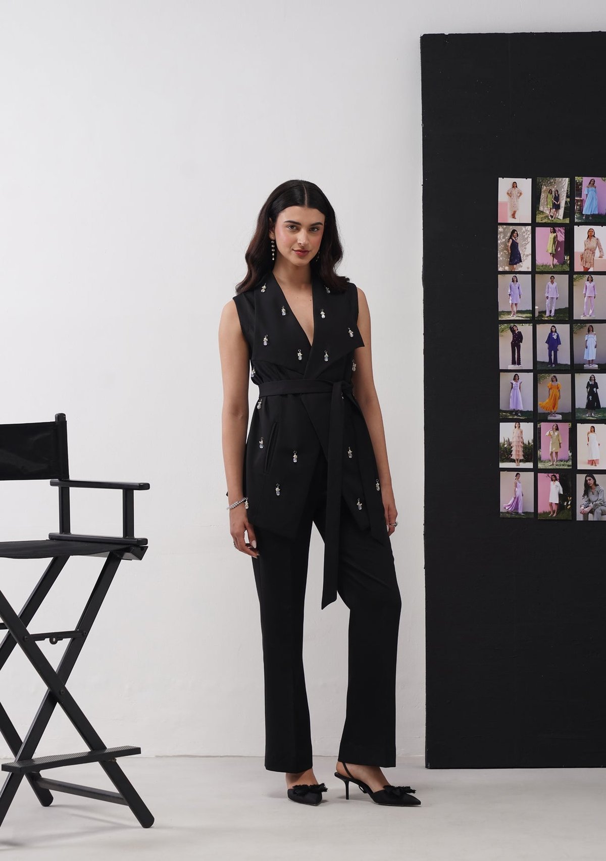 Black Crystal-Embellished Wrap Co-ord Set