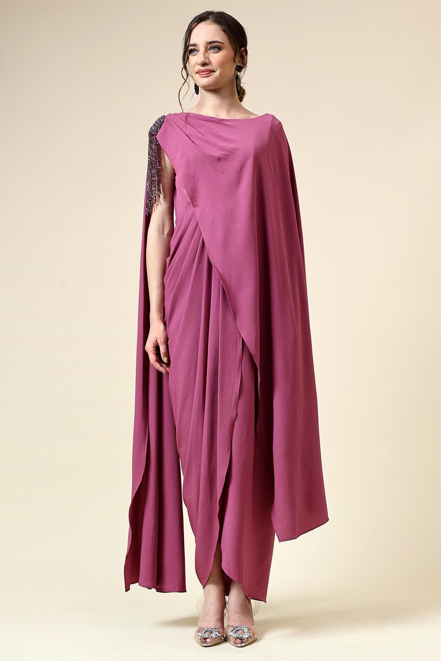 Berry Pink Crystal Fringe Drape Maxi Dress