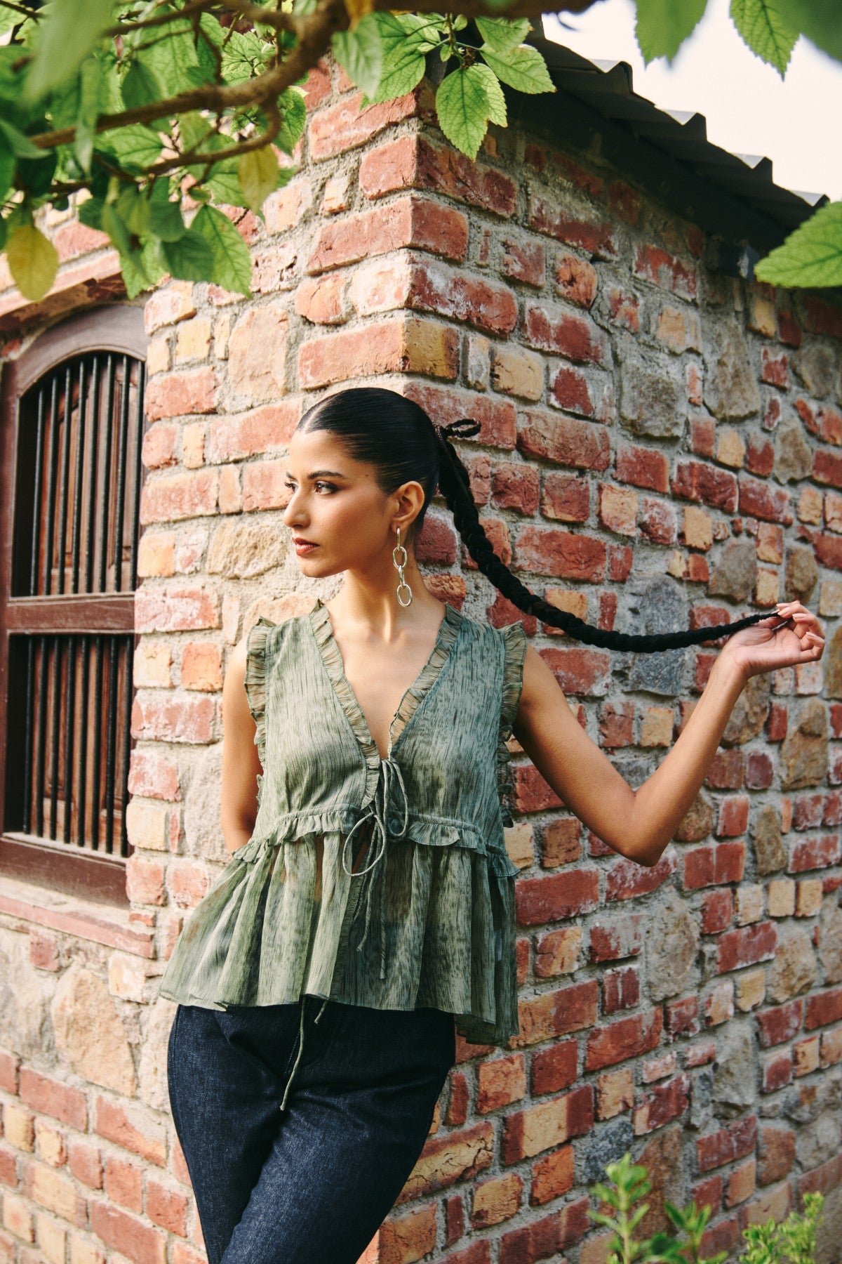 Green Chiffon Tie-Front Peplum Top