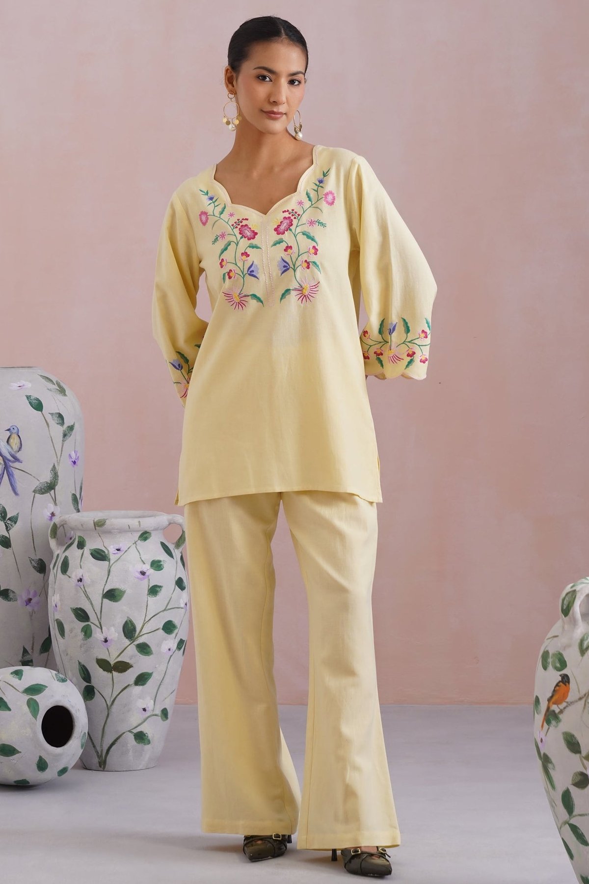 Linen Blend Embroidered Co-Ord Set