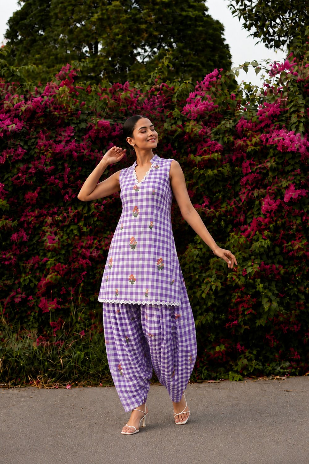 Purple Checked Cotton Kurta Set with Farsi Salwar