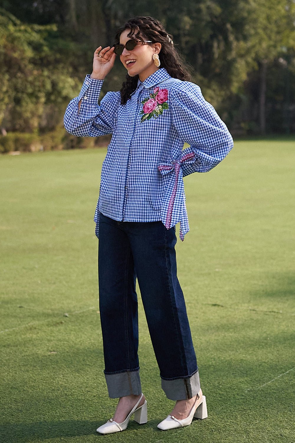Blue Checked Cotton Shirt with Cross-Stitch Floral Motif