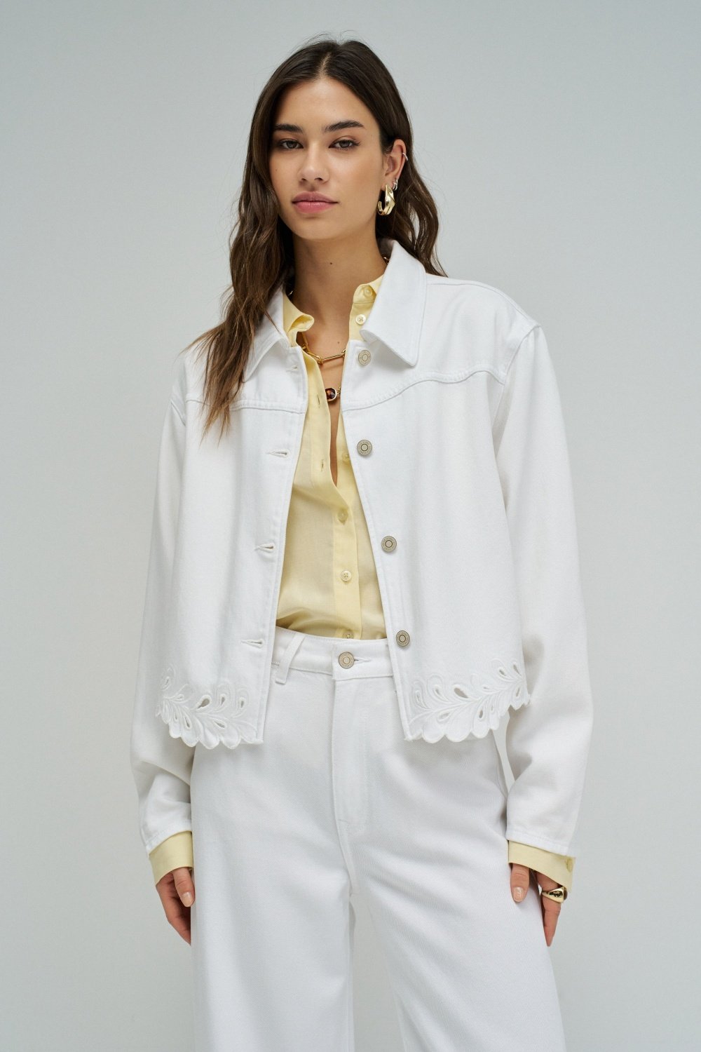 White Cropped Button-Front Jacket with Cutwork Hem