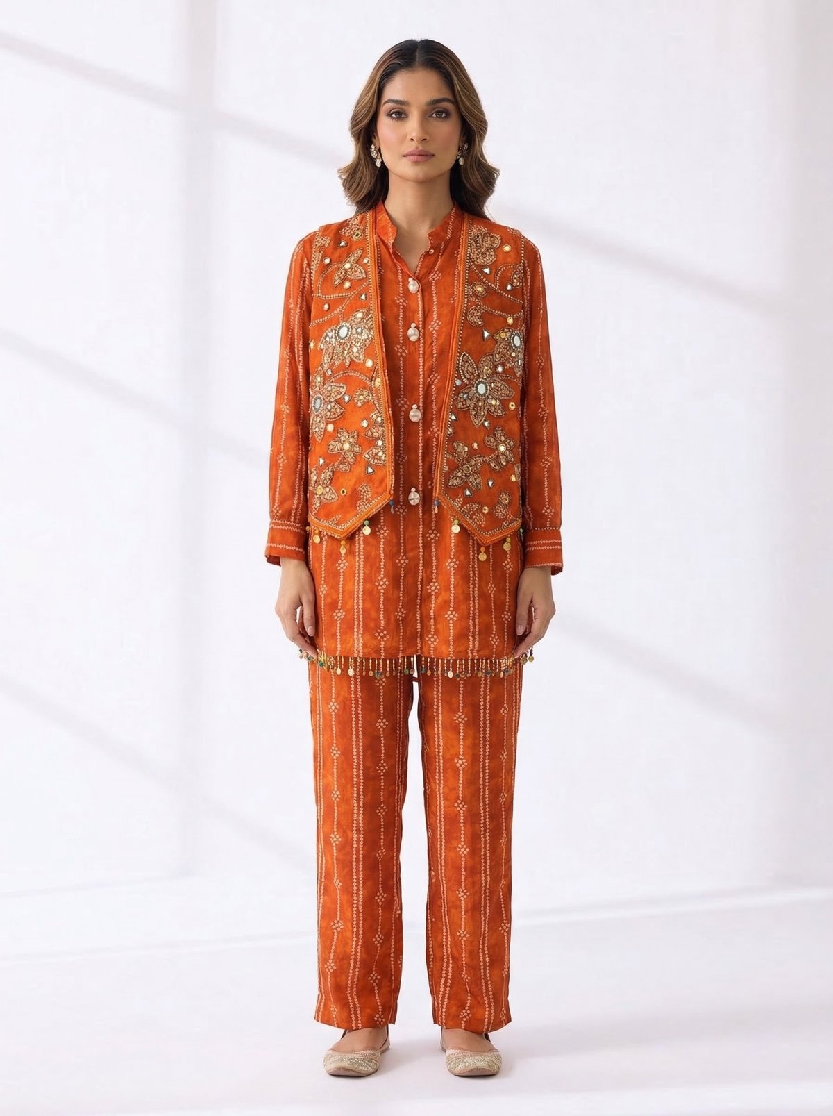 Orange Striped Kurta, Pants and Jacket 3-Piece Co-ord Set