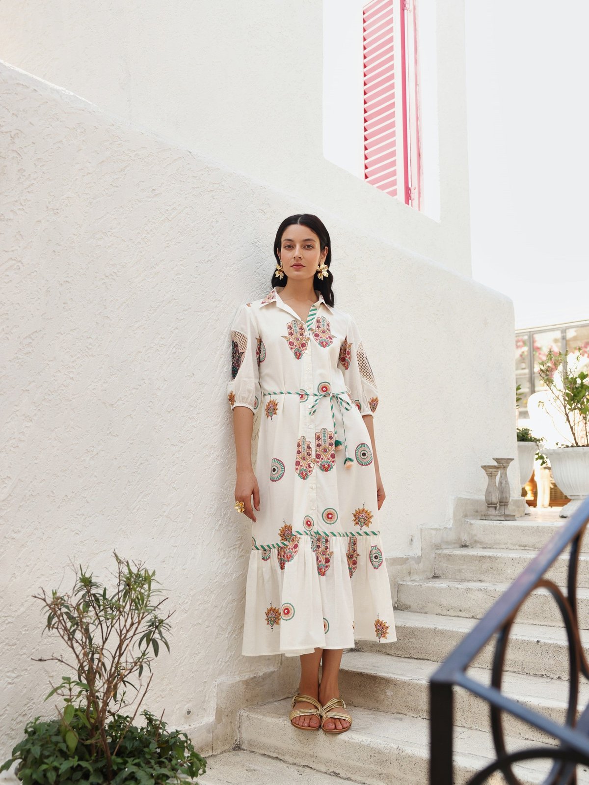 Peach & Green Hamza Print Long Dress