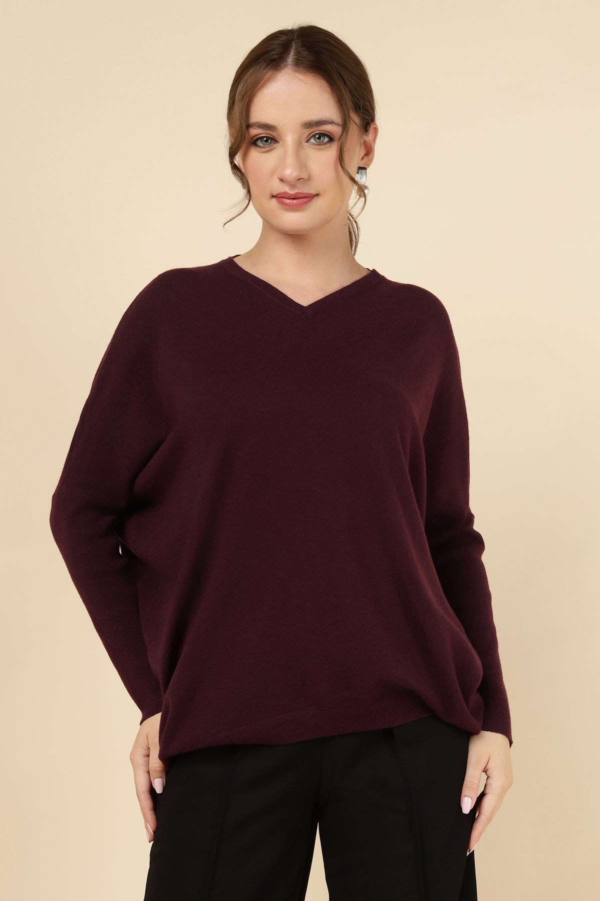 Bordo V-Neck Longline Relaxed Fit Sweater