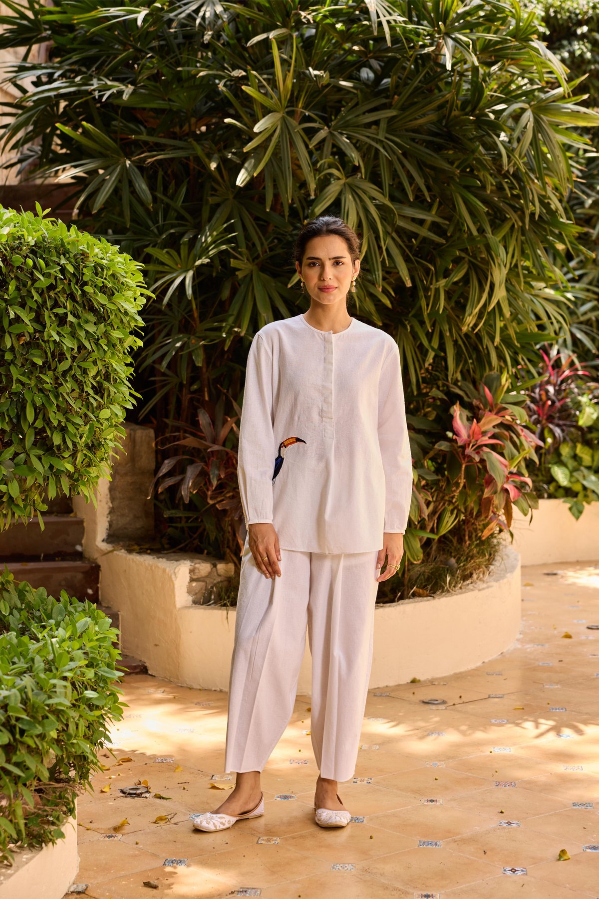 White Linen-Blend Tunic and Tapered Pants Co-ord Set