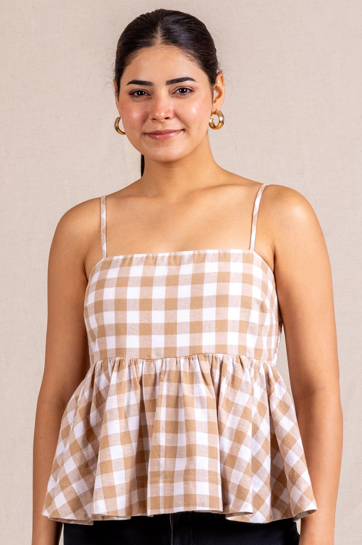 Beige Gingham Peplum Cami Top