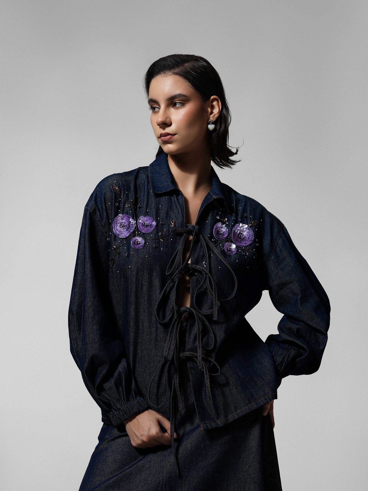 Cord-Laced Floral Beaded Denim Shirt