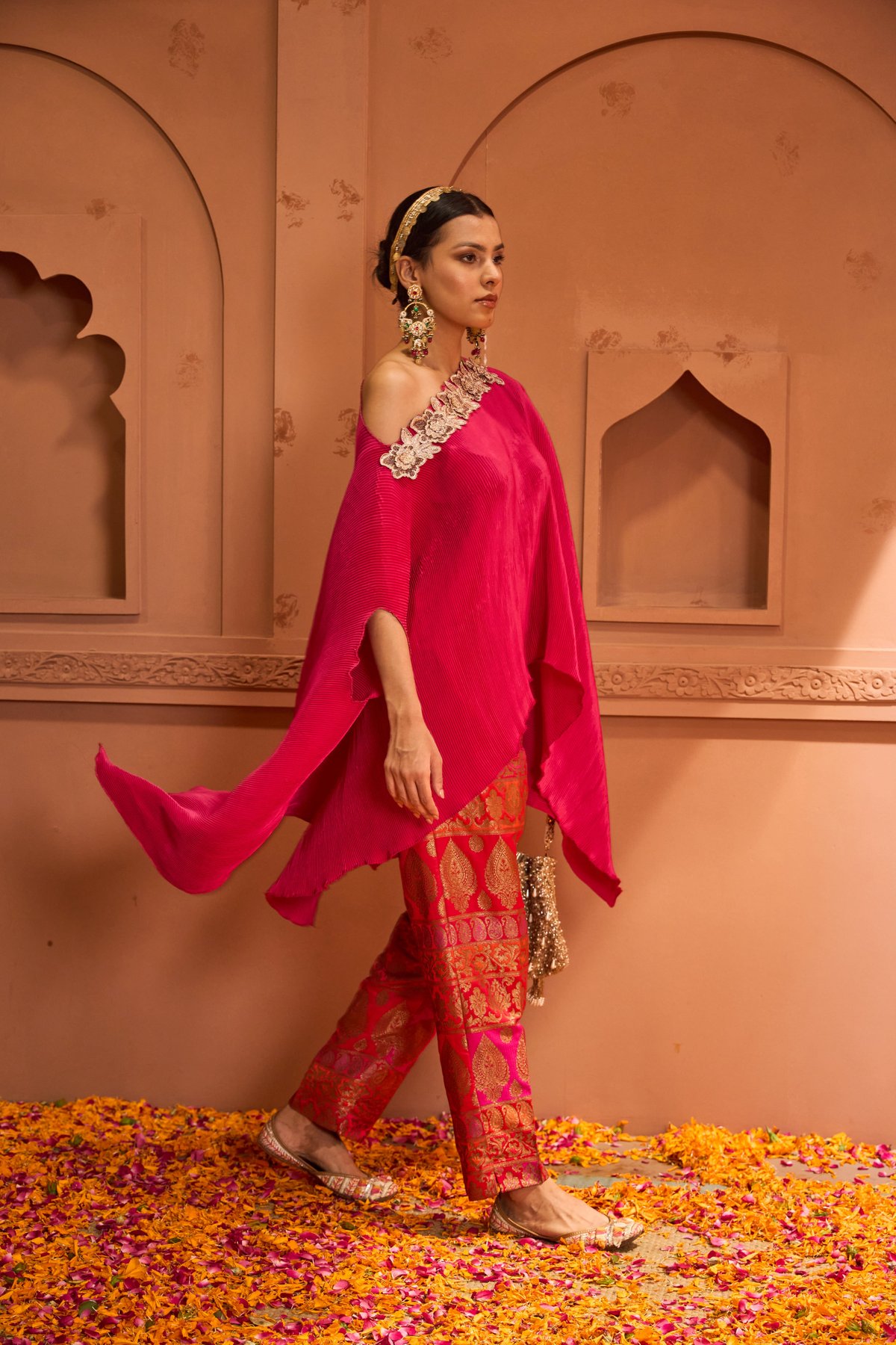 Fuchia One-Shoulder Pleated Cape and Brocade Pant Co-ord
