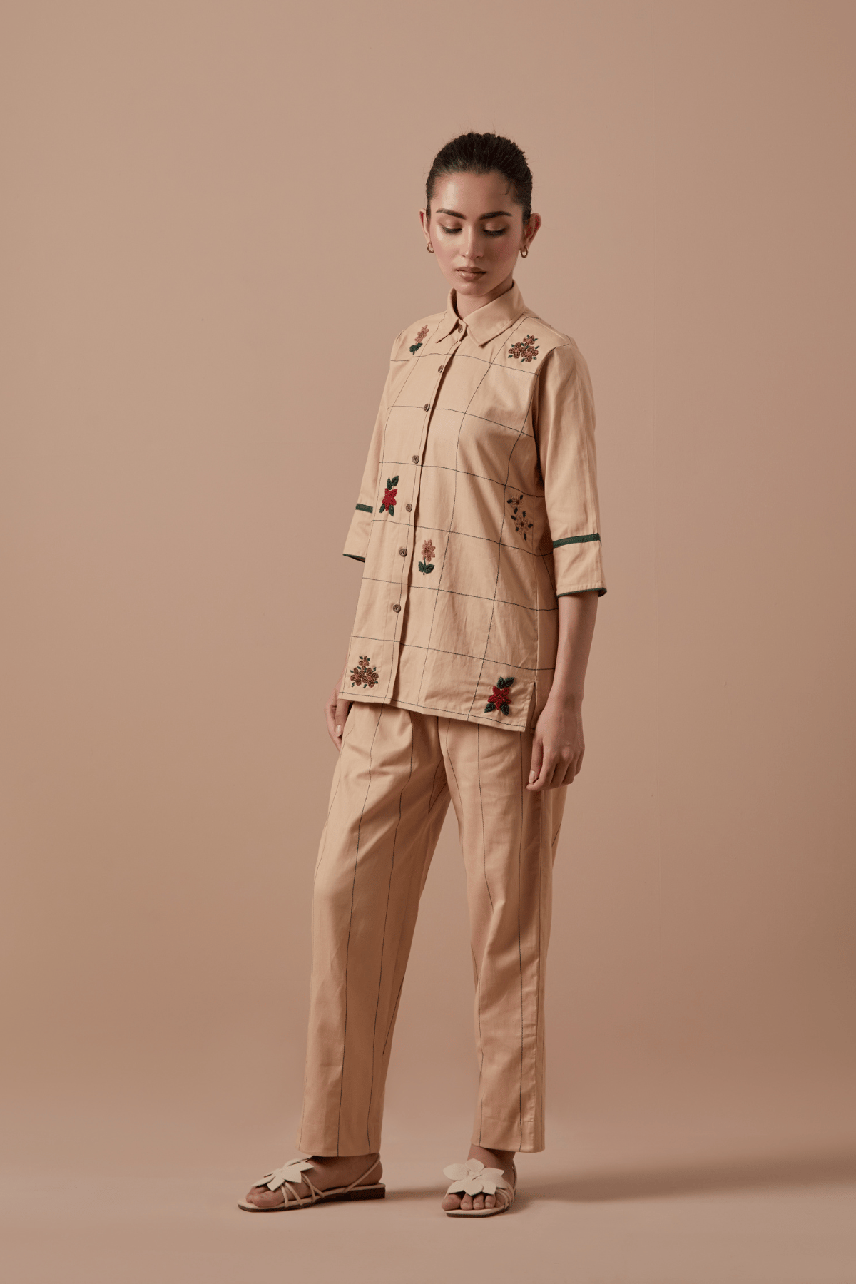 Beige Embroidered Shirt and Trouser Co-ord Set