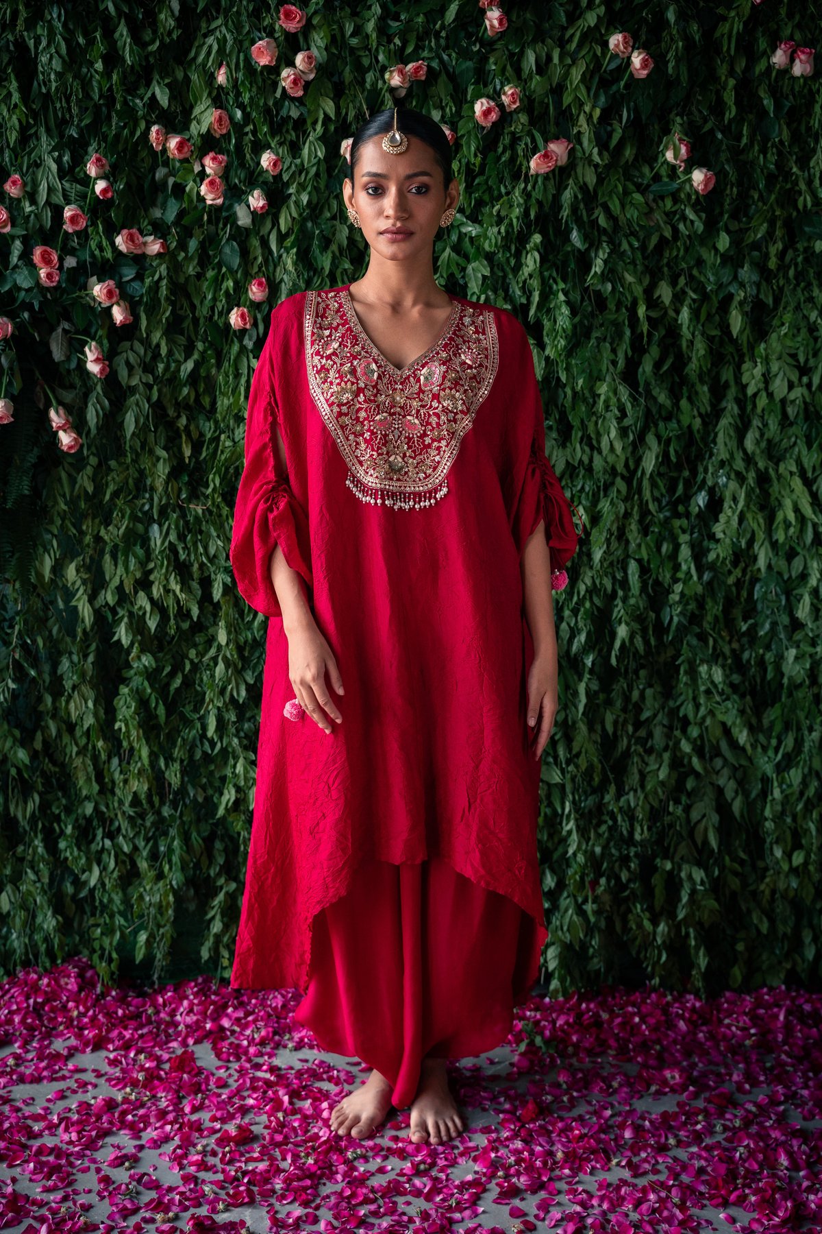 Maroon Embroidered Kaftan Kurta Set with Harem Pants