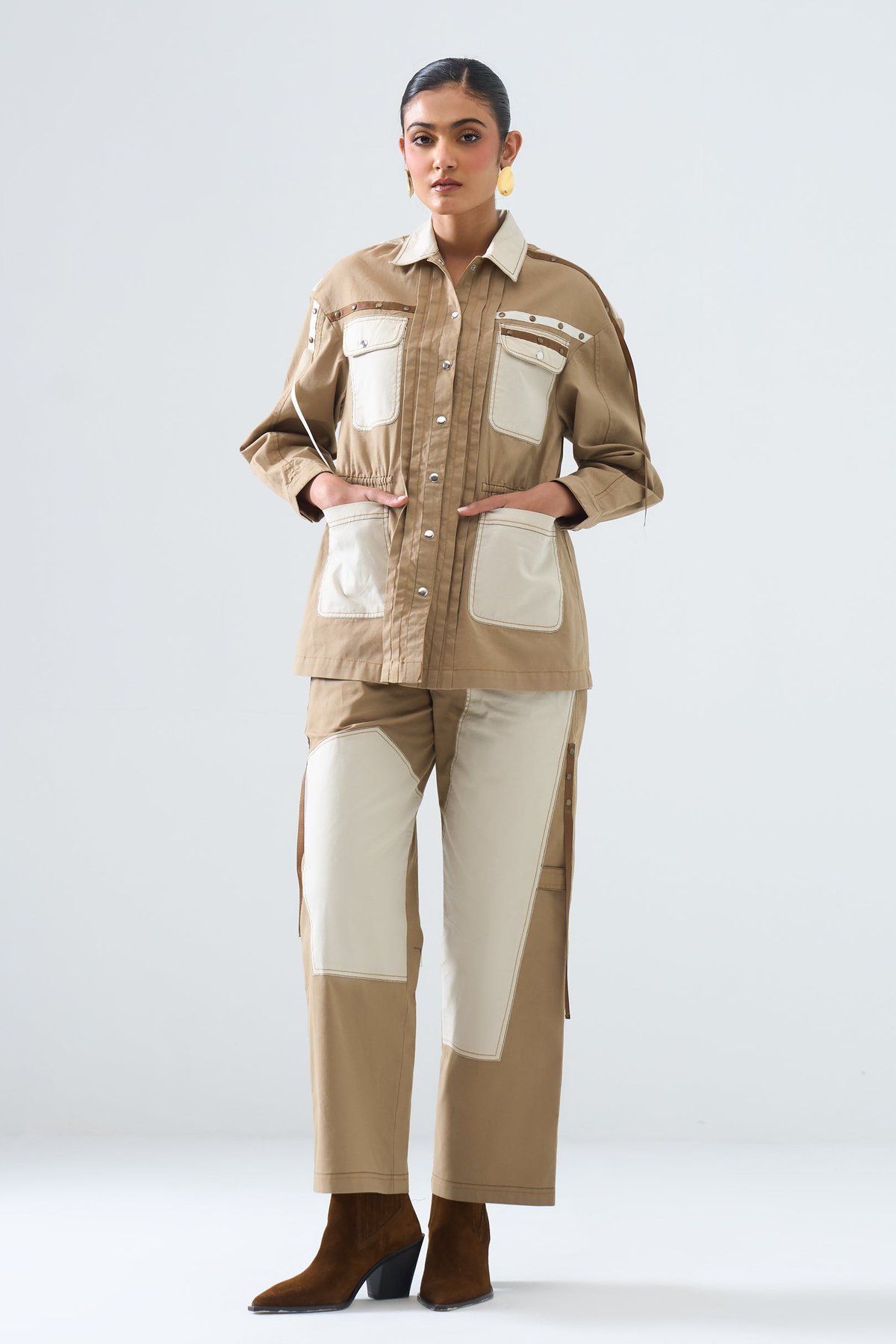 Sand Colorblock Utility Overshirt with Patch Pockets