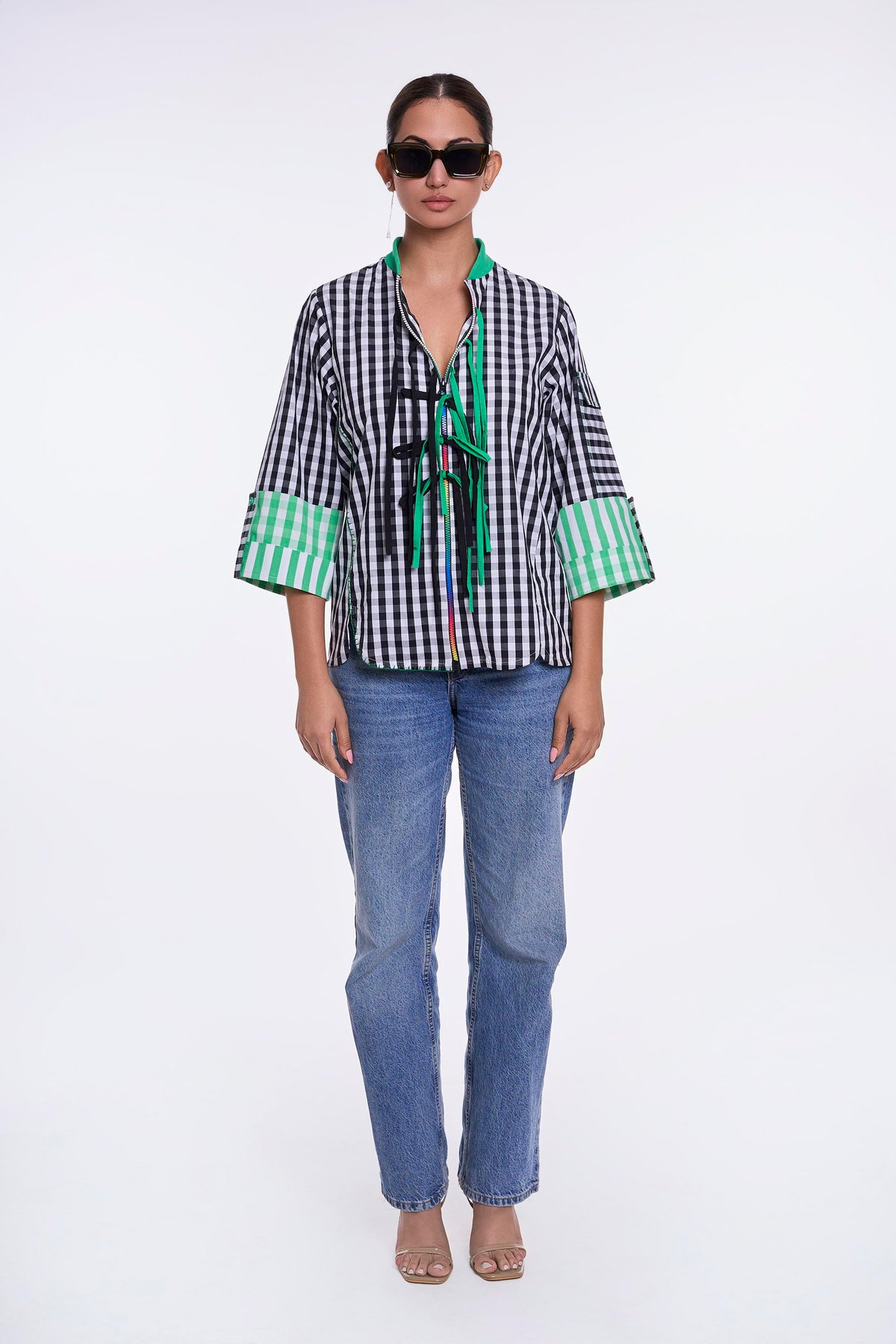 Black and White Gingham Zip-Front Shirt with Green Accents