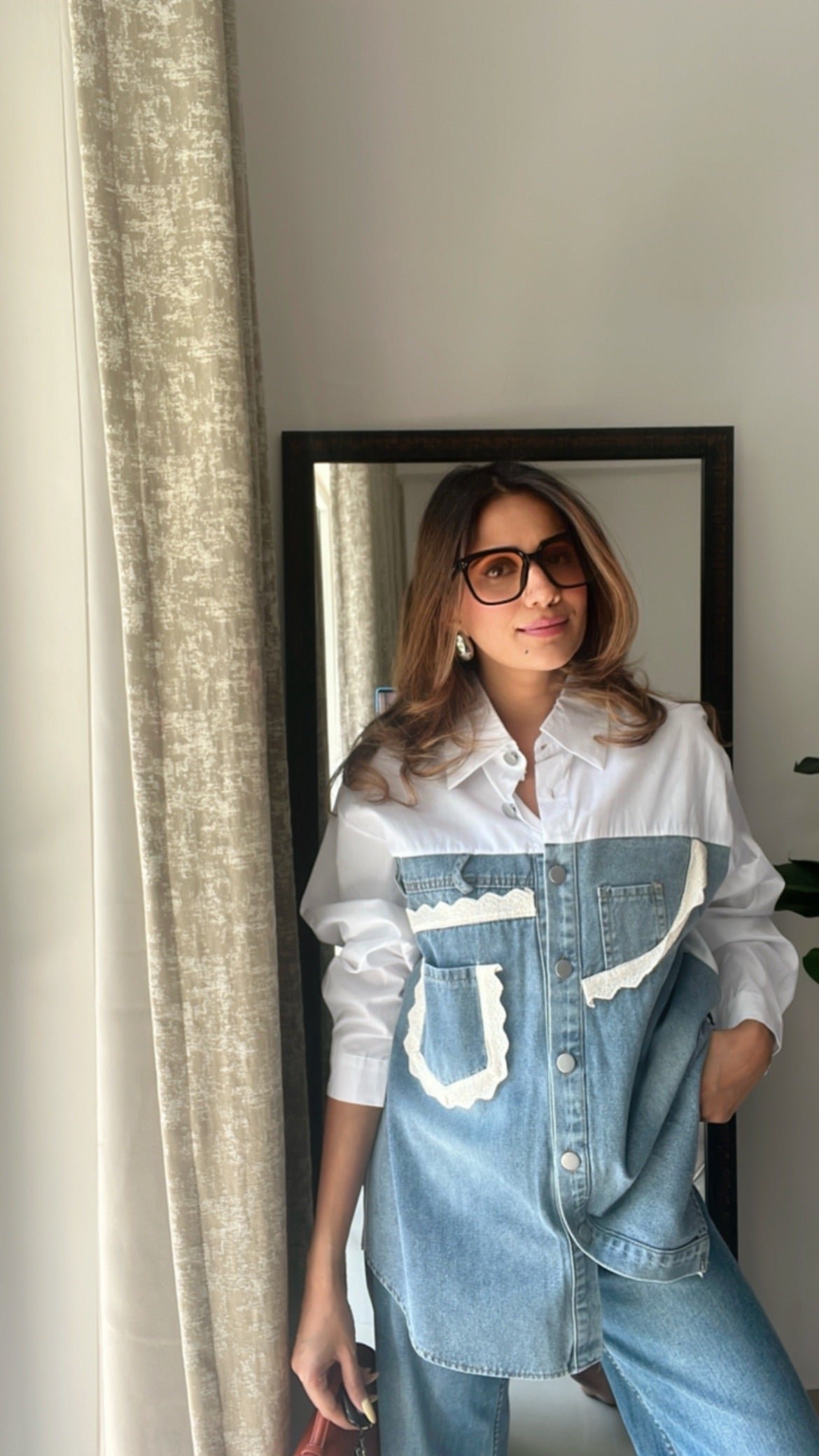 Denim Lace Detailed Poplin Shirt