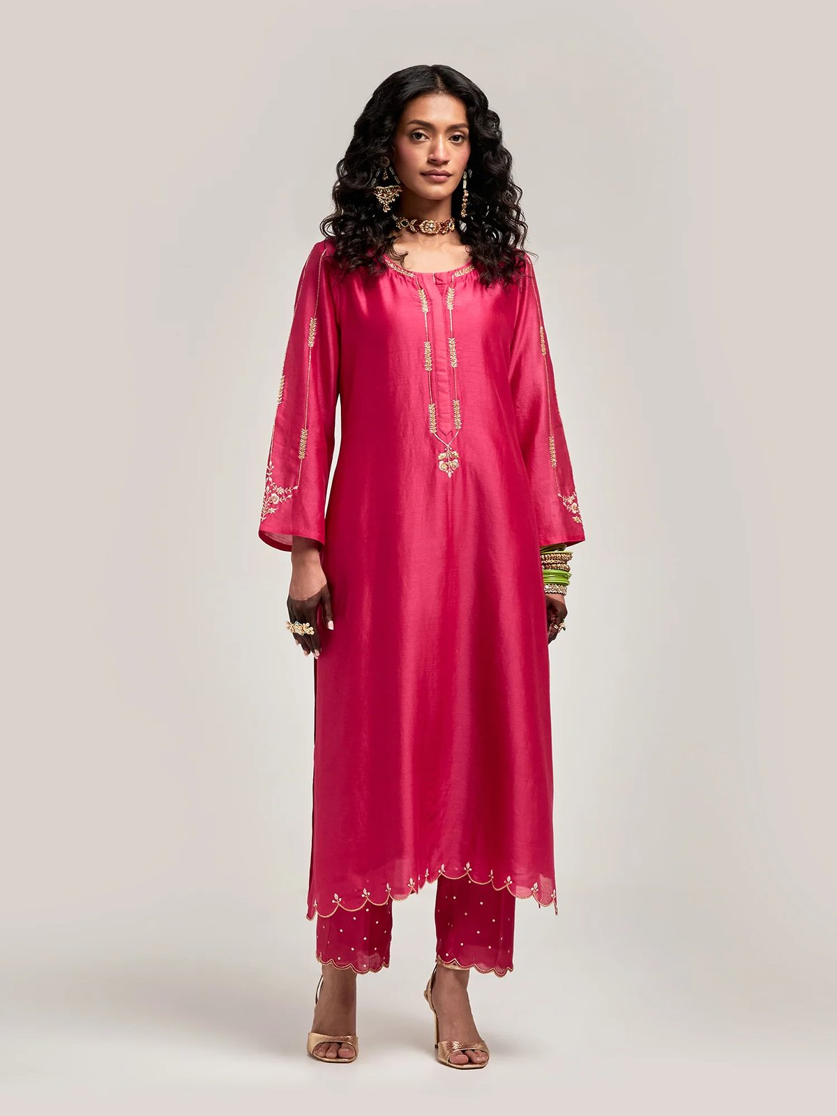 Fuchsia Embroidered Silk Chanderi Kurta Set with Pants