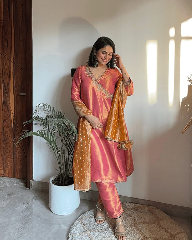 Rosy Zari Chevron Tissue Angrakha Kurta Set with Pants
