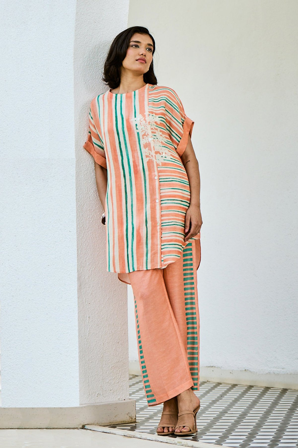 Peach Striped Linen Kurta Set with Button Front