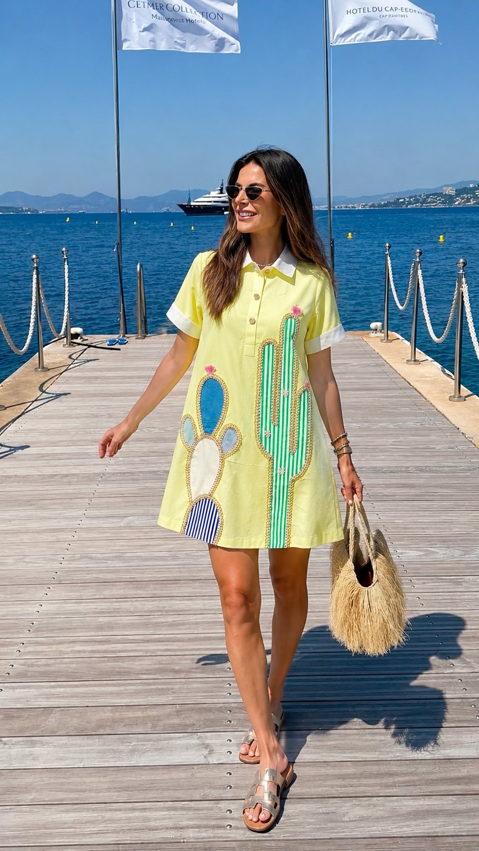 Yellow Cotton Shirt Dress with Cactus Motif