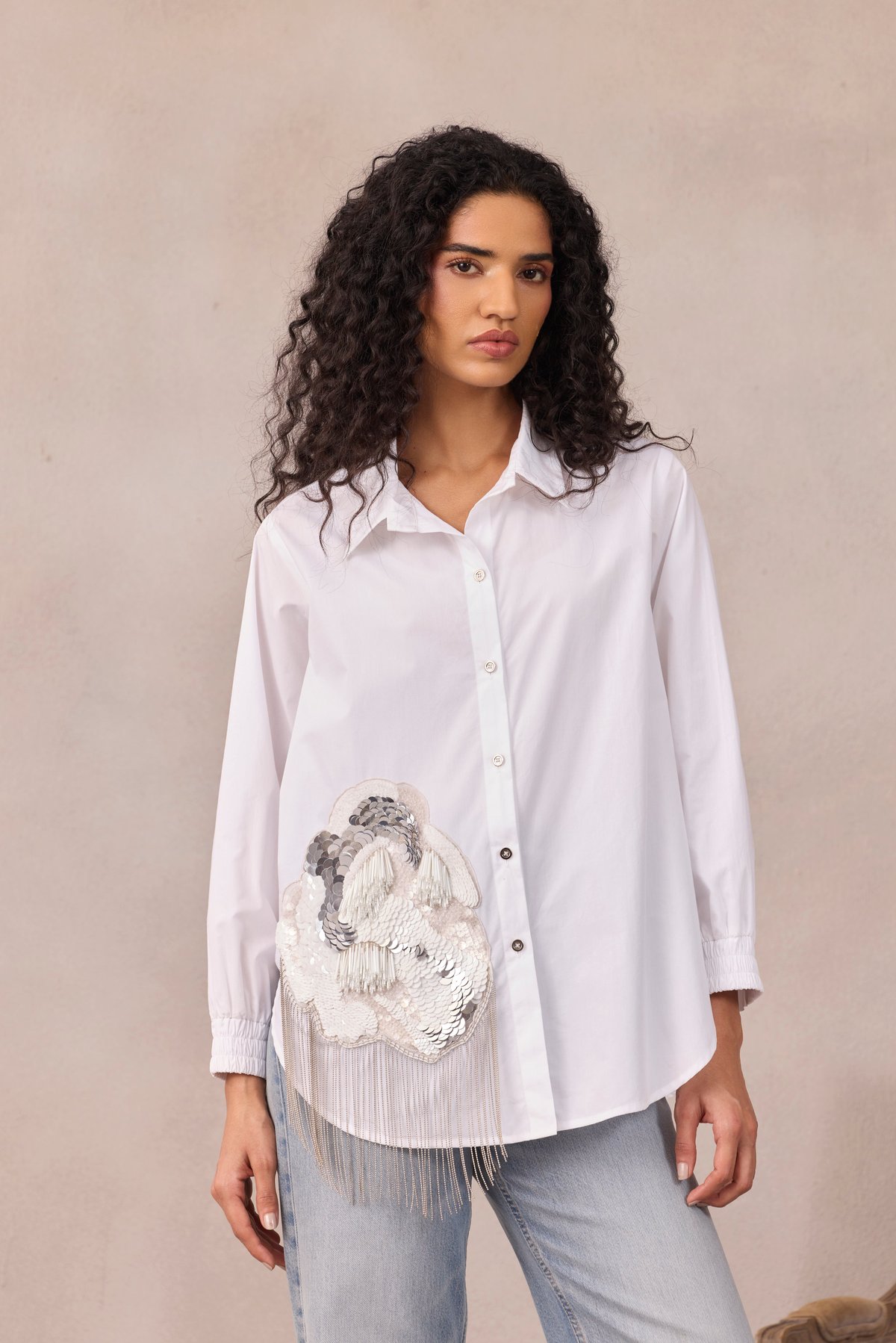 Bright White Longline Applique Shirt with Chain Tassels