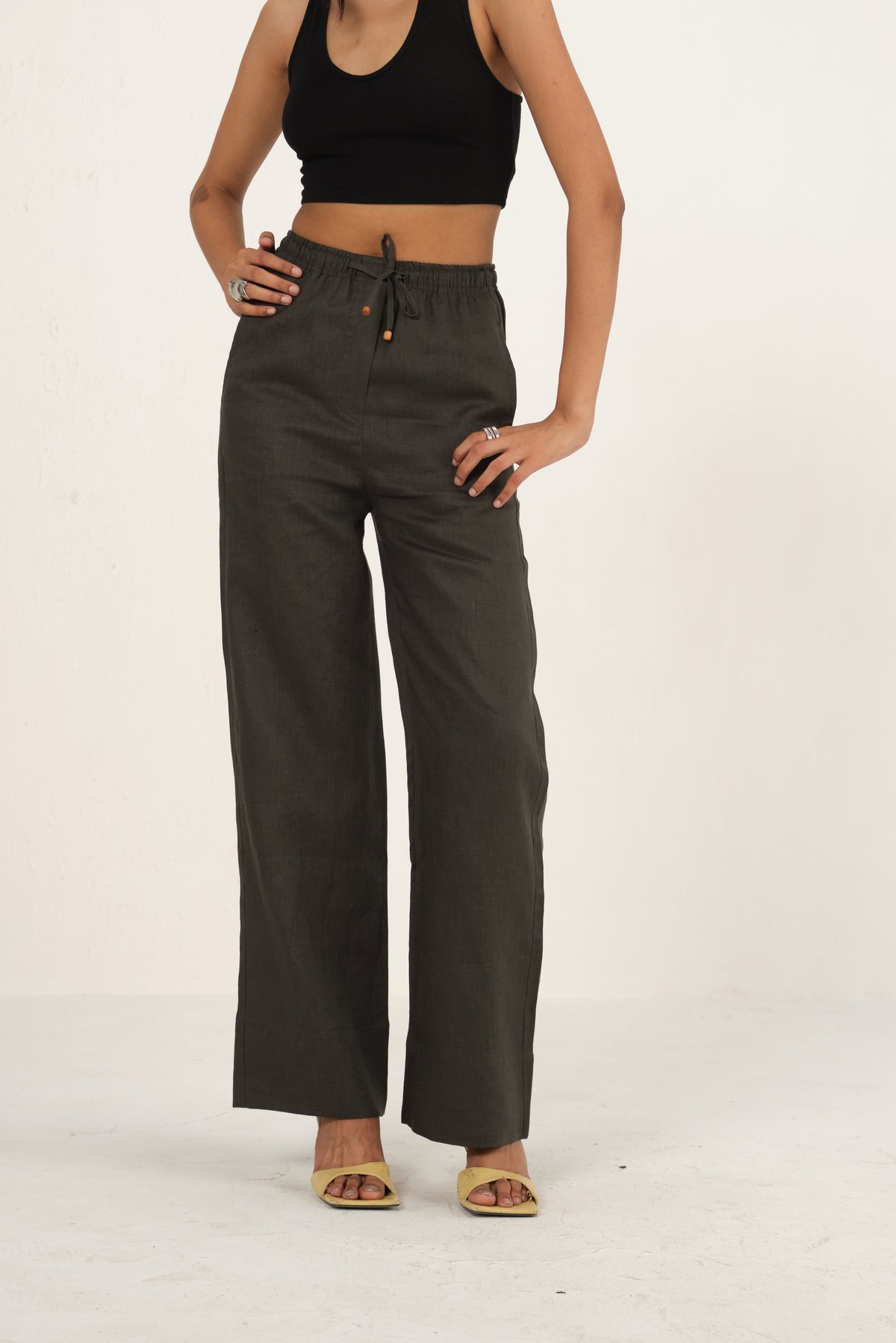 Dark Green Linen Wide-Leg Drawstring Trousers