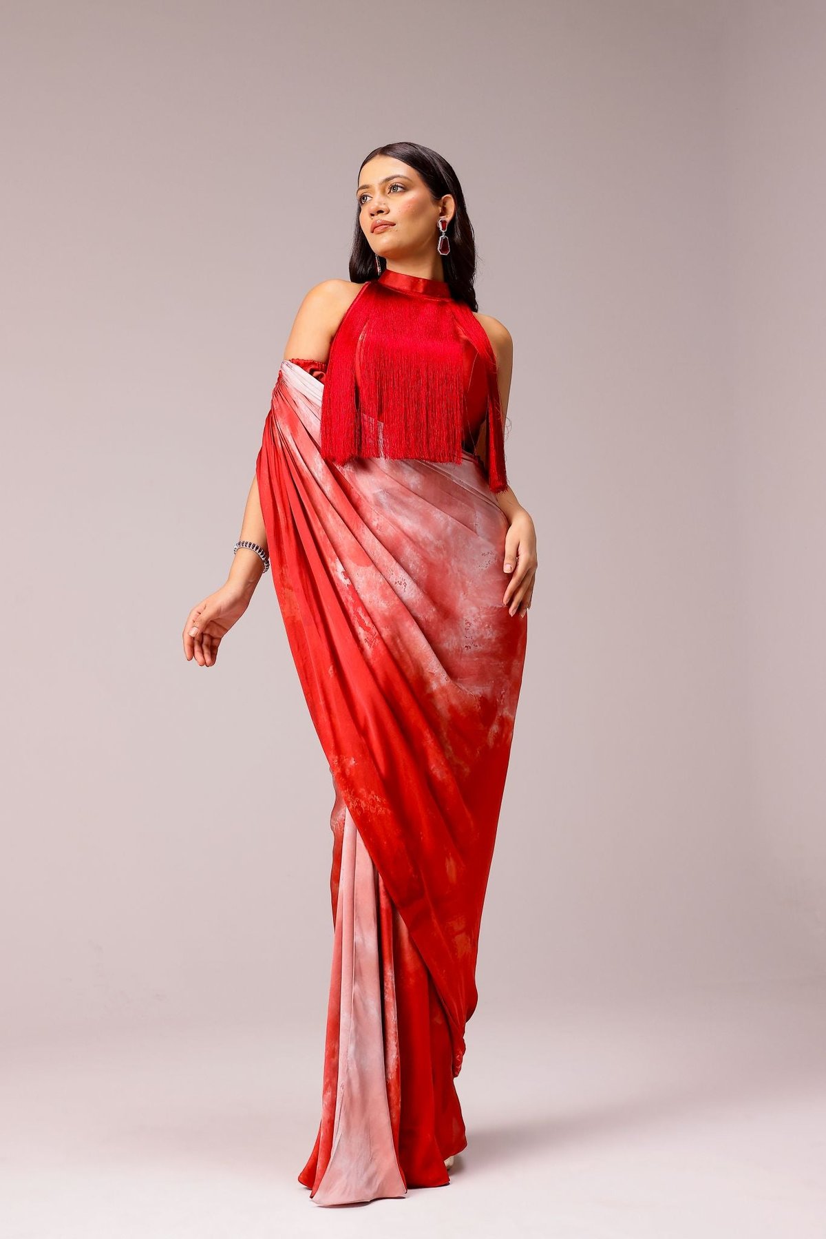 Rosette Draped Sari with Fringe Blouse