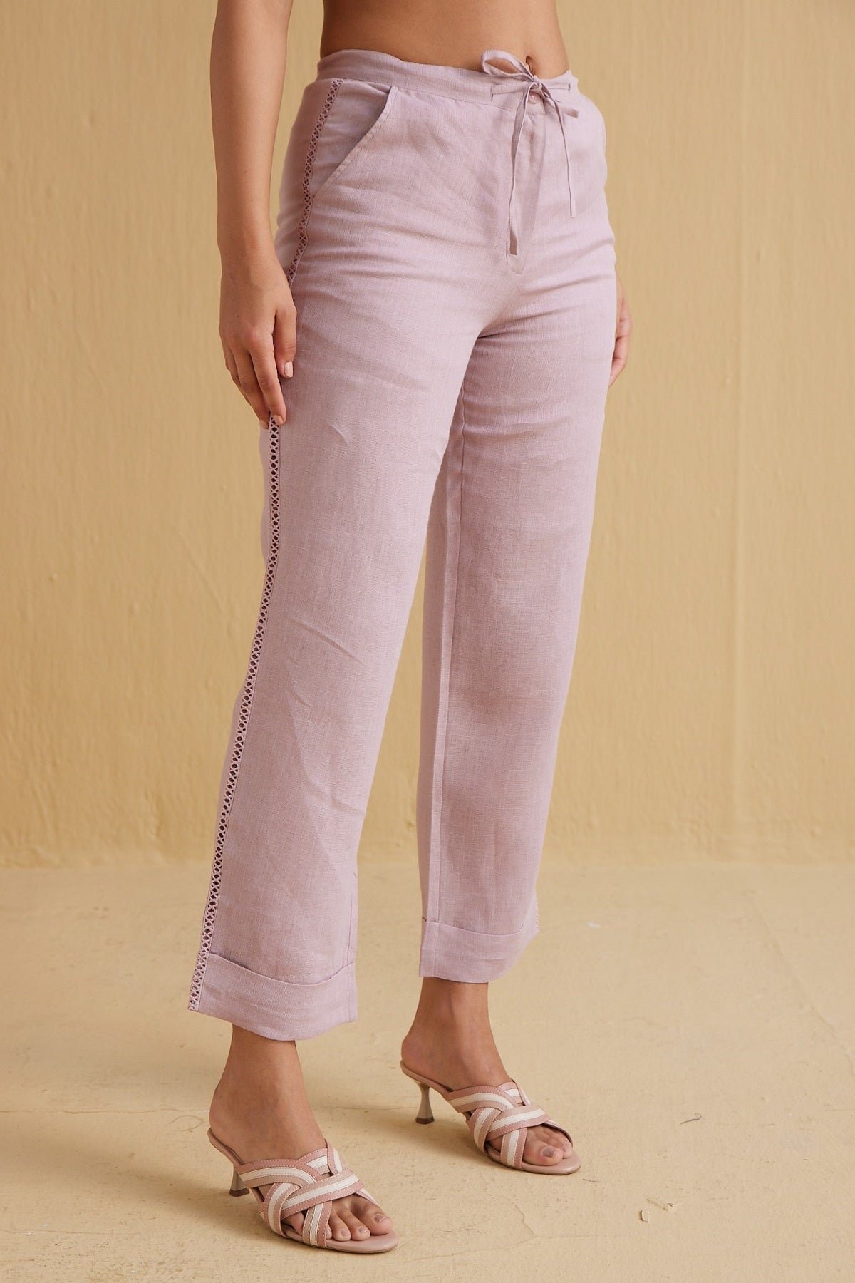 Lavender Linen Straight-Leg Trousers with Waist Tie