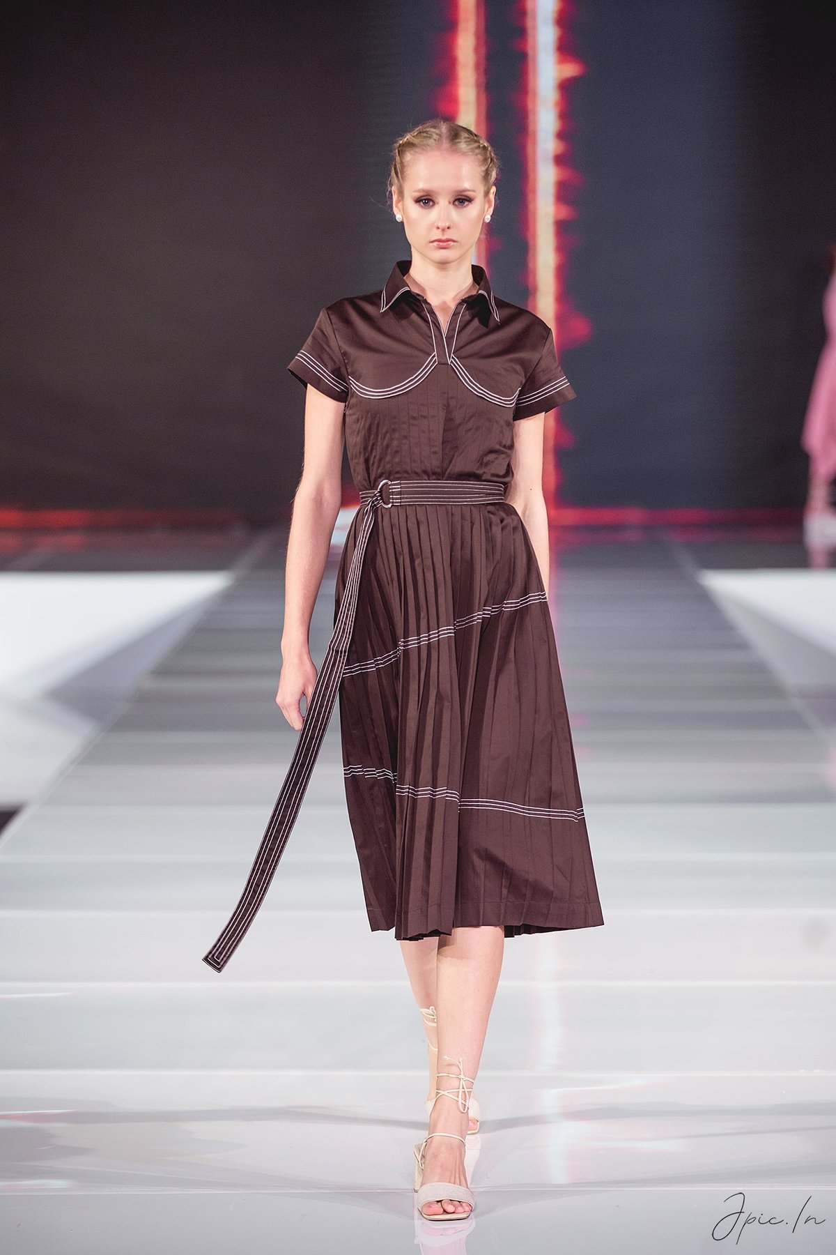 Brown Cotton Satin Belted Pleated Midi Shirt Dress
