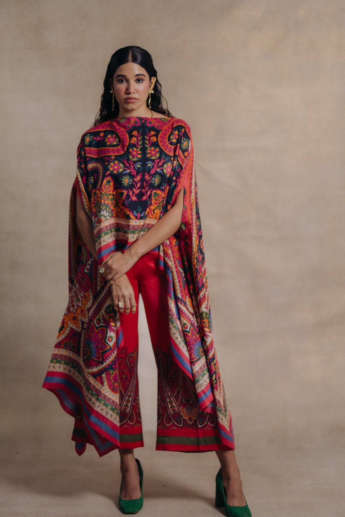 Red Printed Satin Cape with Contrast Border