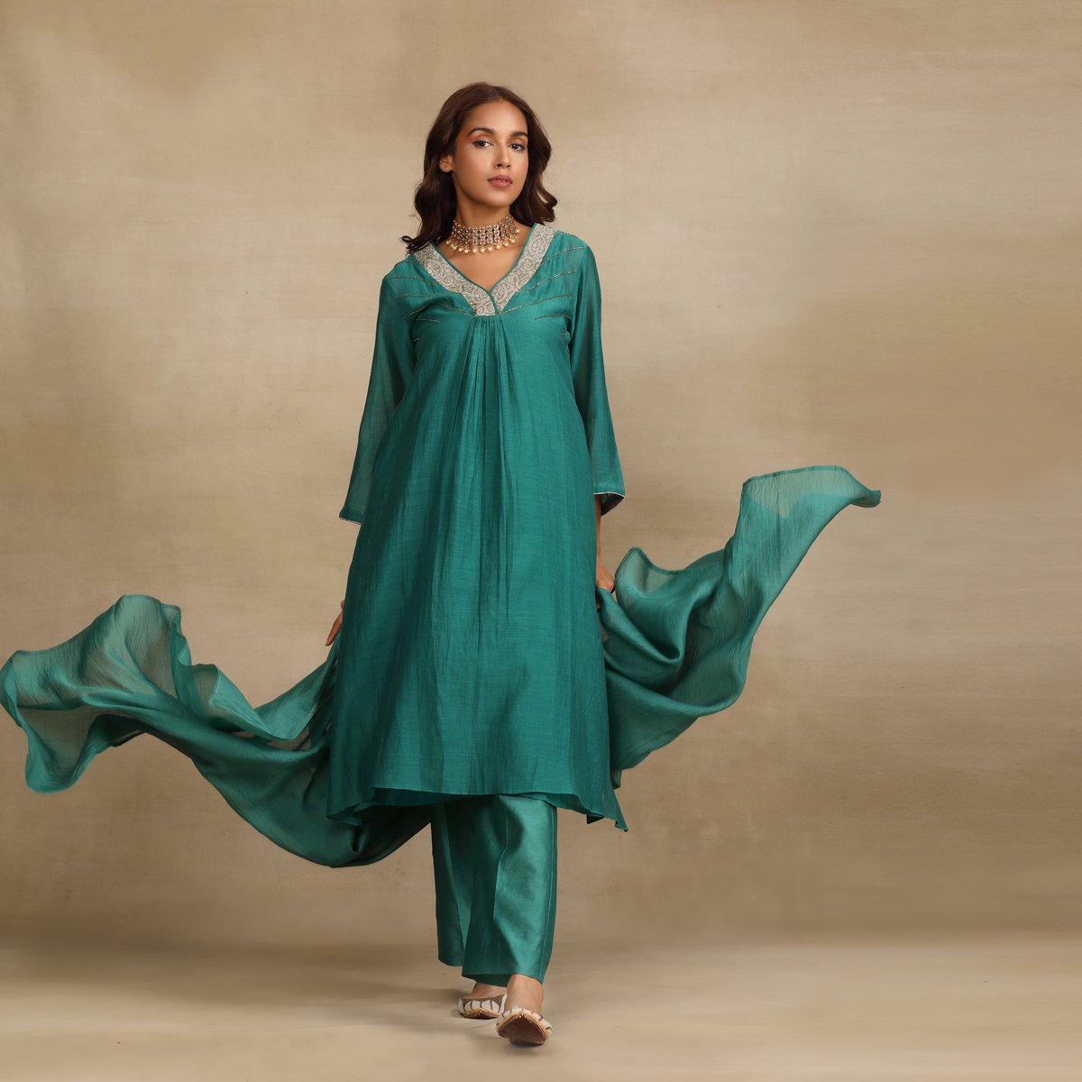 Dark Green Silk Chanderi A-Line Kurta Set with Yoke Work