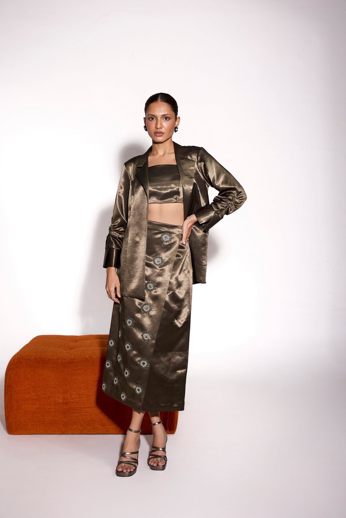 Dusky Olive Satin Embroidered Wrap Midi Skirt