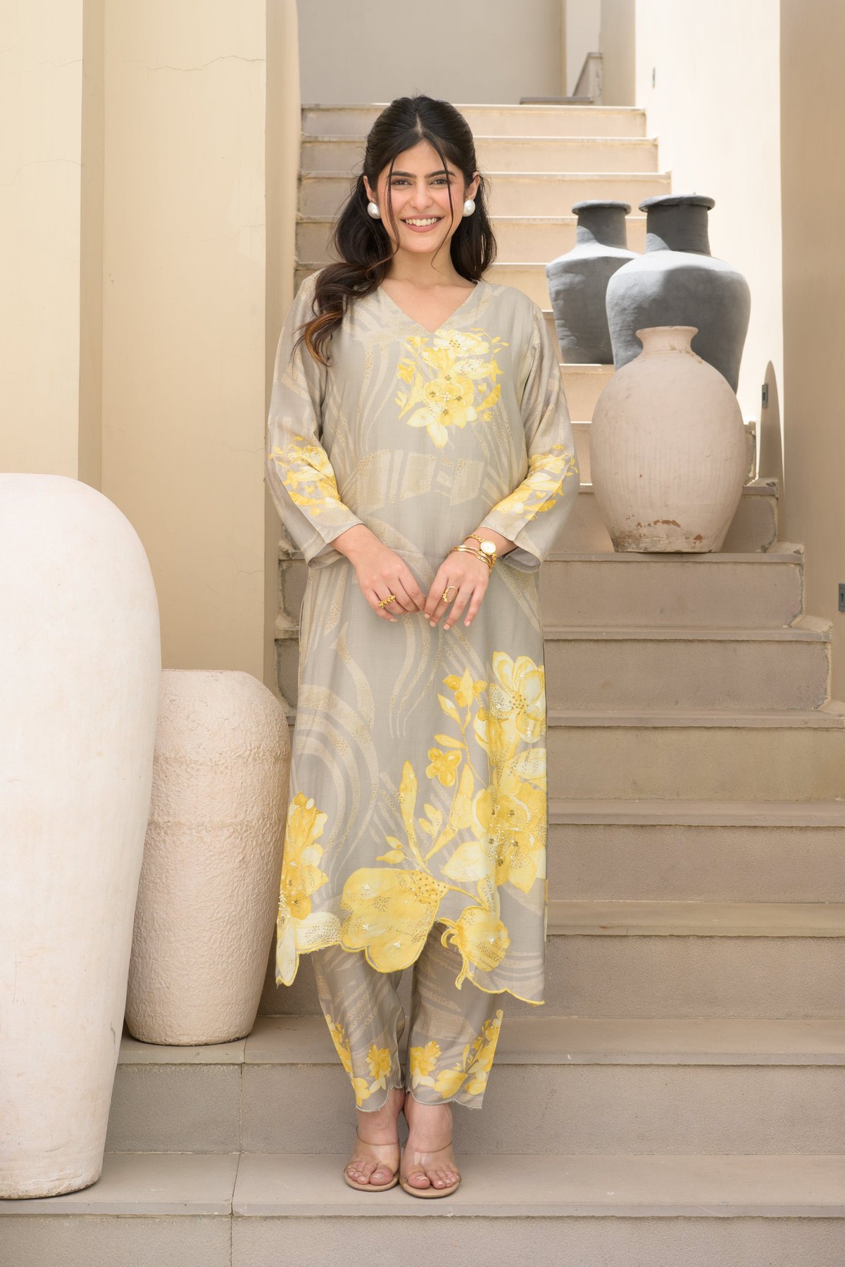 Grey Yellow Cut Work Scallop Muslin Kurta Set