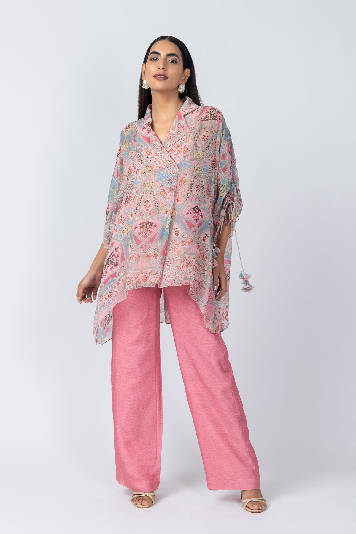 Pink Printed Lapel-Collar Co-ord Set with Straight Pants