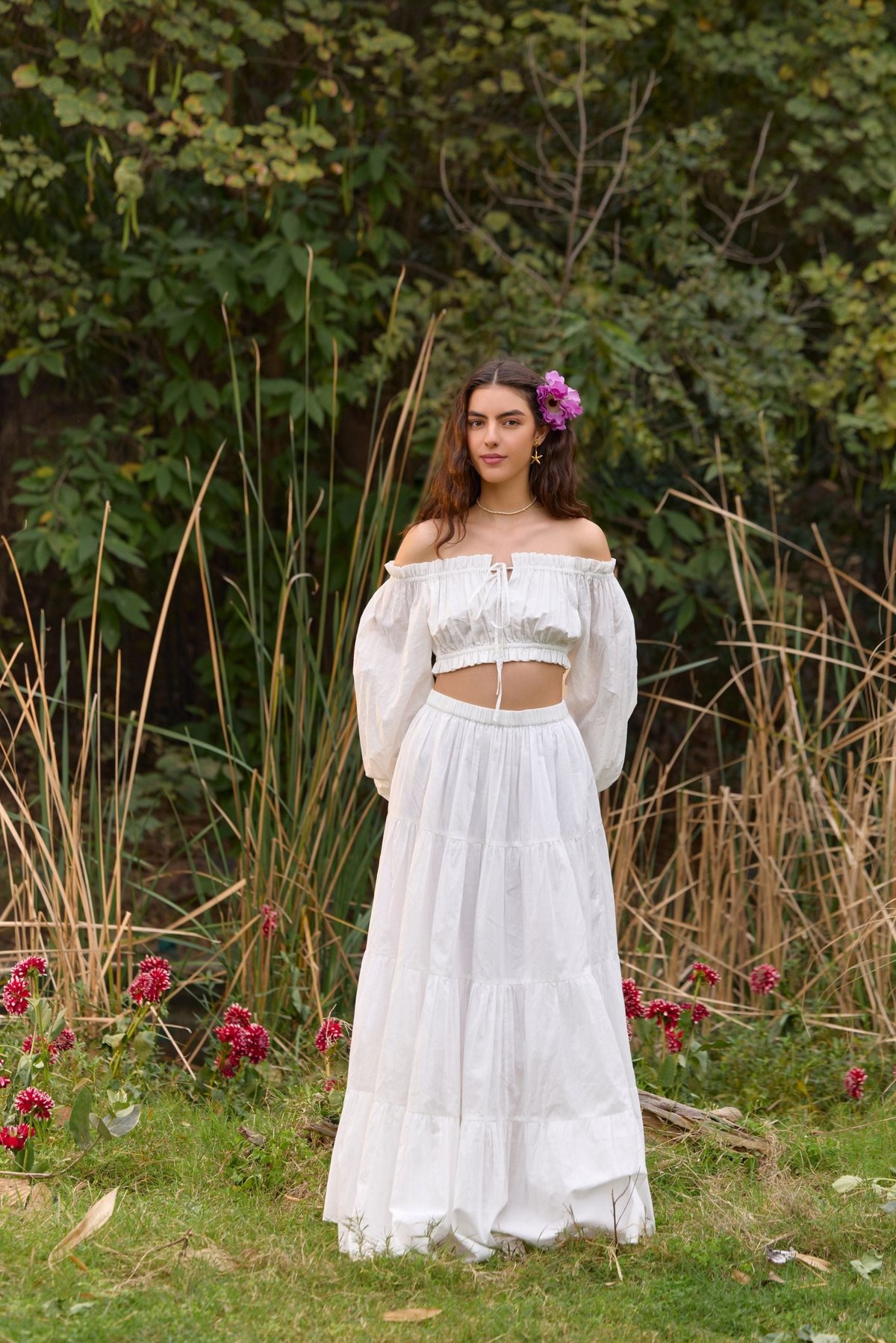 White Off-Shoulder Crop Top and Tiered Maxi Skirt Co-ord Set