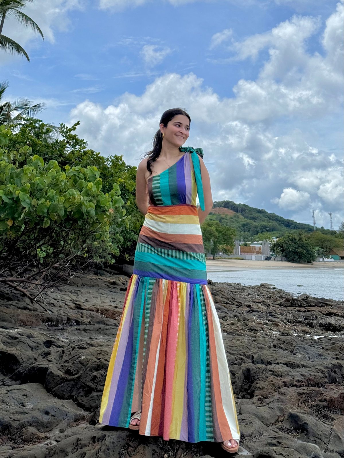 Multicolor Striped One-Shoulder Maxi Dress with Slit