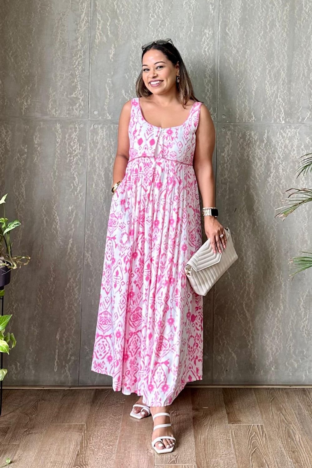 Pink Printed Fit and Flare Midi Dress