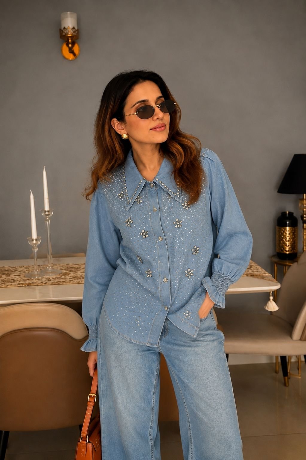 Embellished Denim Statement Collar Shirt