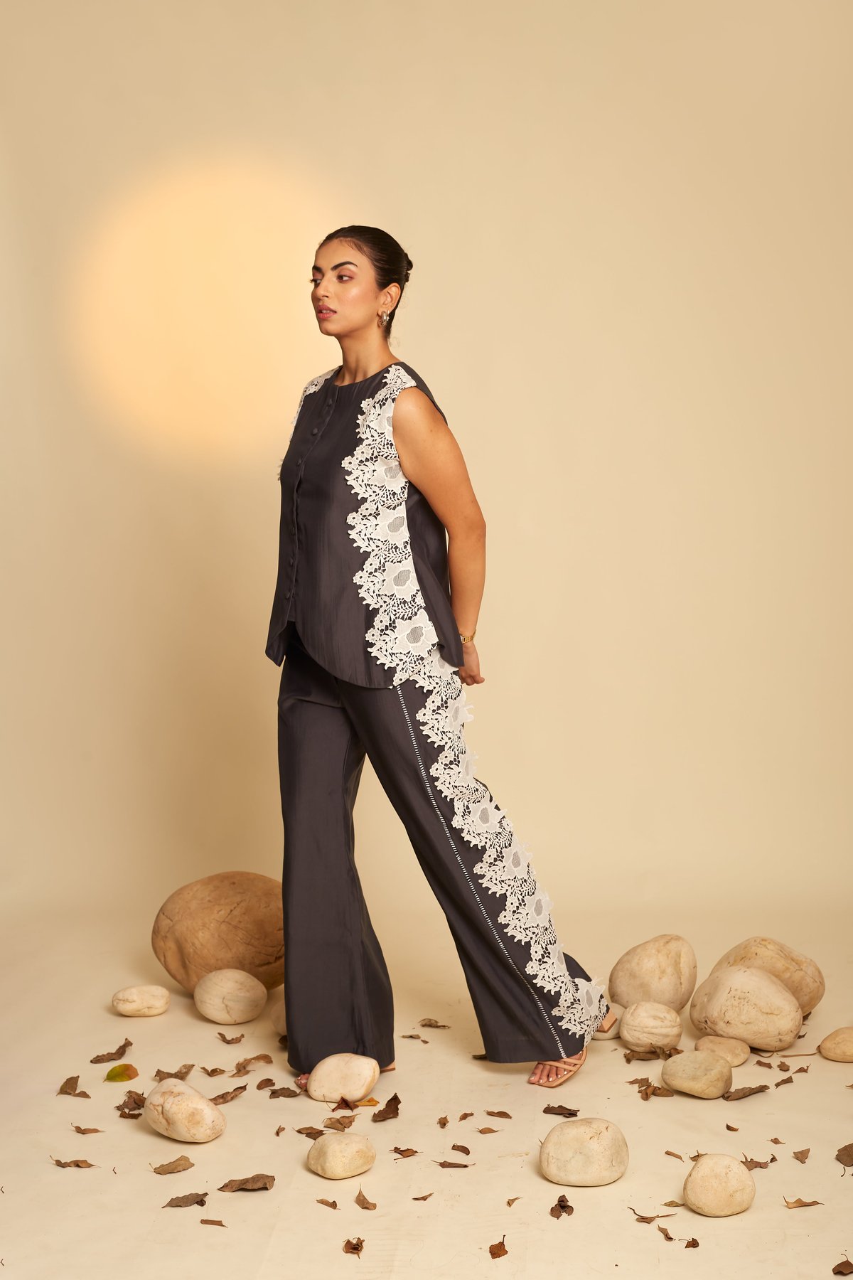 Dark Charcoal Lace Panel Co-ord Set (Shirt and Pants)