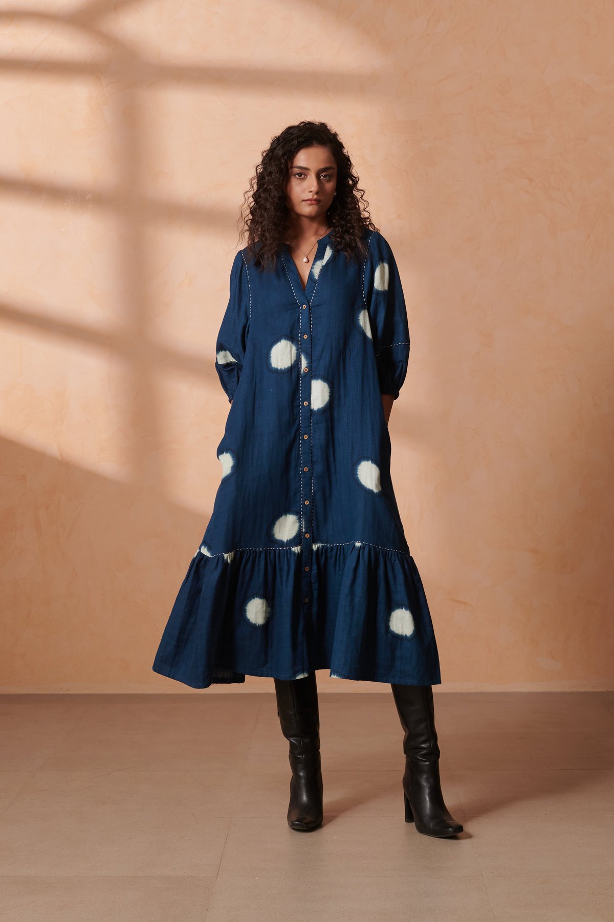 Indigo Dot Midi Shirt Dress in Double Gauze Cotton
