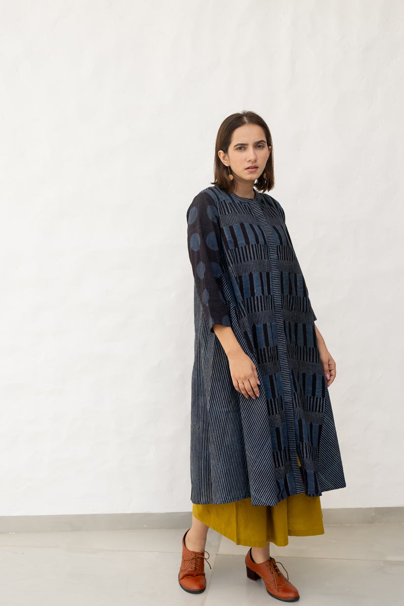Black and Indigo A-Line Block Print Cotton Kurta