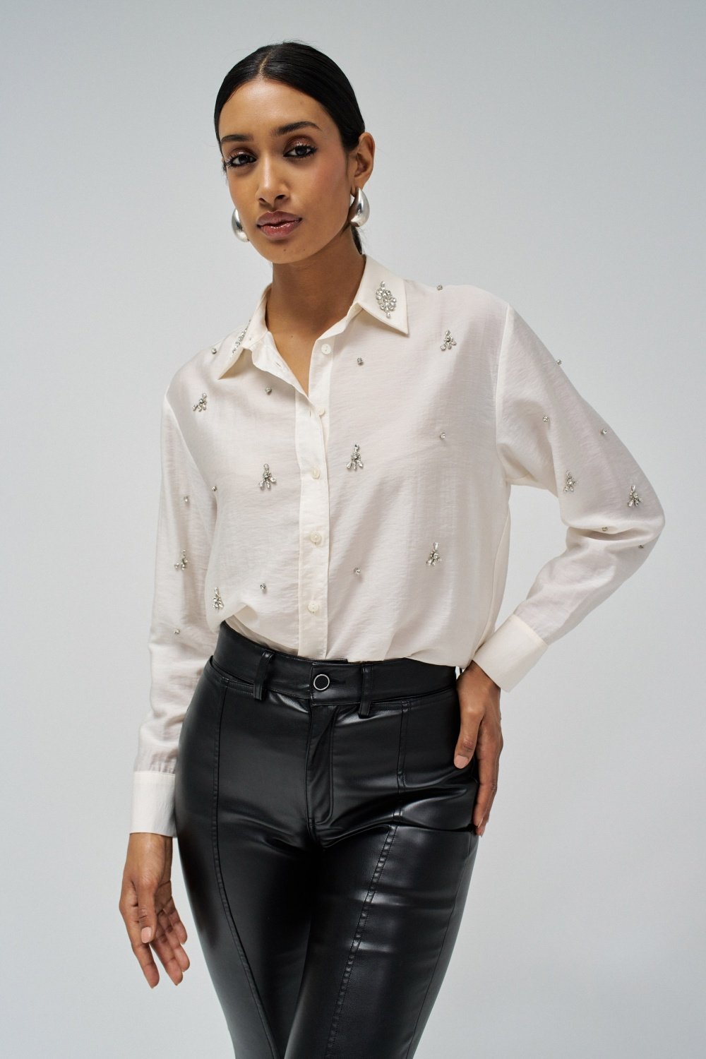Light Beige Embellished Button-Down Shirt