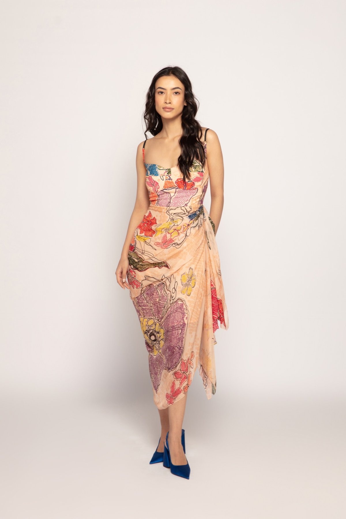 Peach/Multi Printed Side-Draped Midi Dress