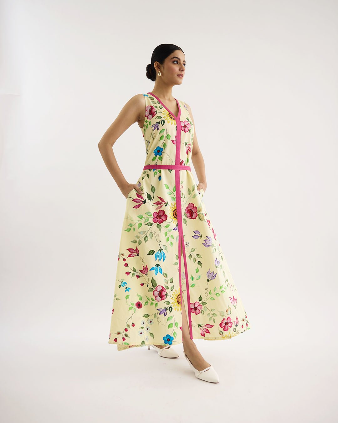 Yellow Floral Printed Cotton Satin Maxi Dress