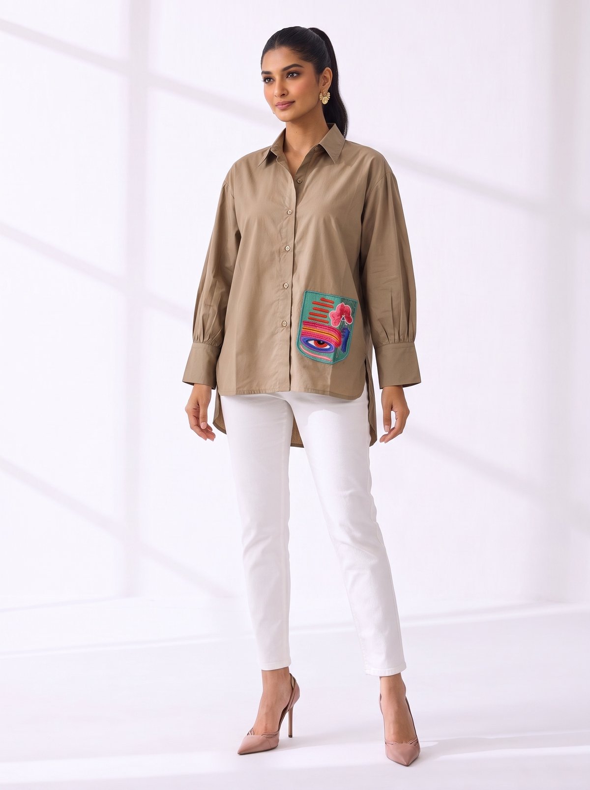 Beige Cotton Button-Down Shirt with Patch Pocket Detail