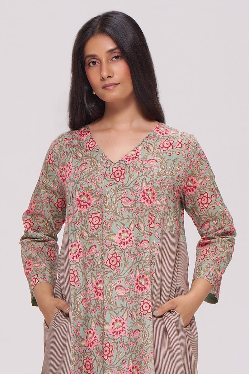 Basil Green and Pink Mixed-Print Cotton A-Line Kurta