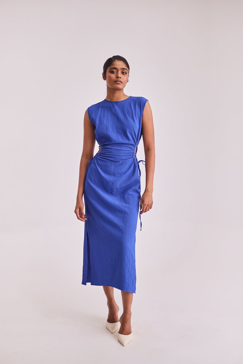 Blue Midi Dress with Side Cut-Out and Tie-Up Detail