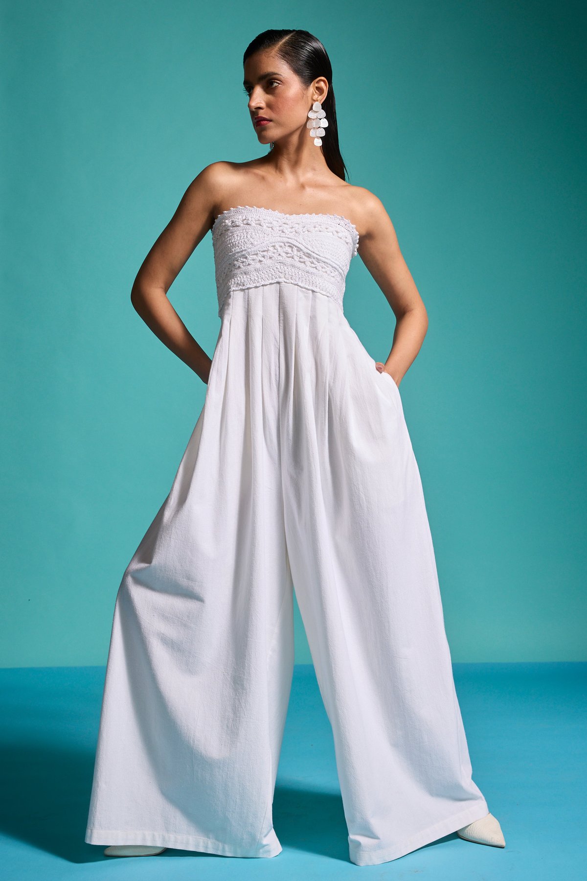 White Crochet Bustier Wide-Leg Jumpsuit