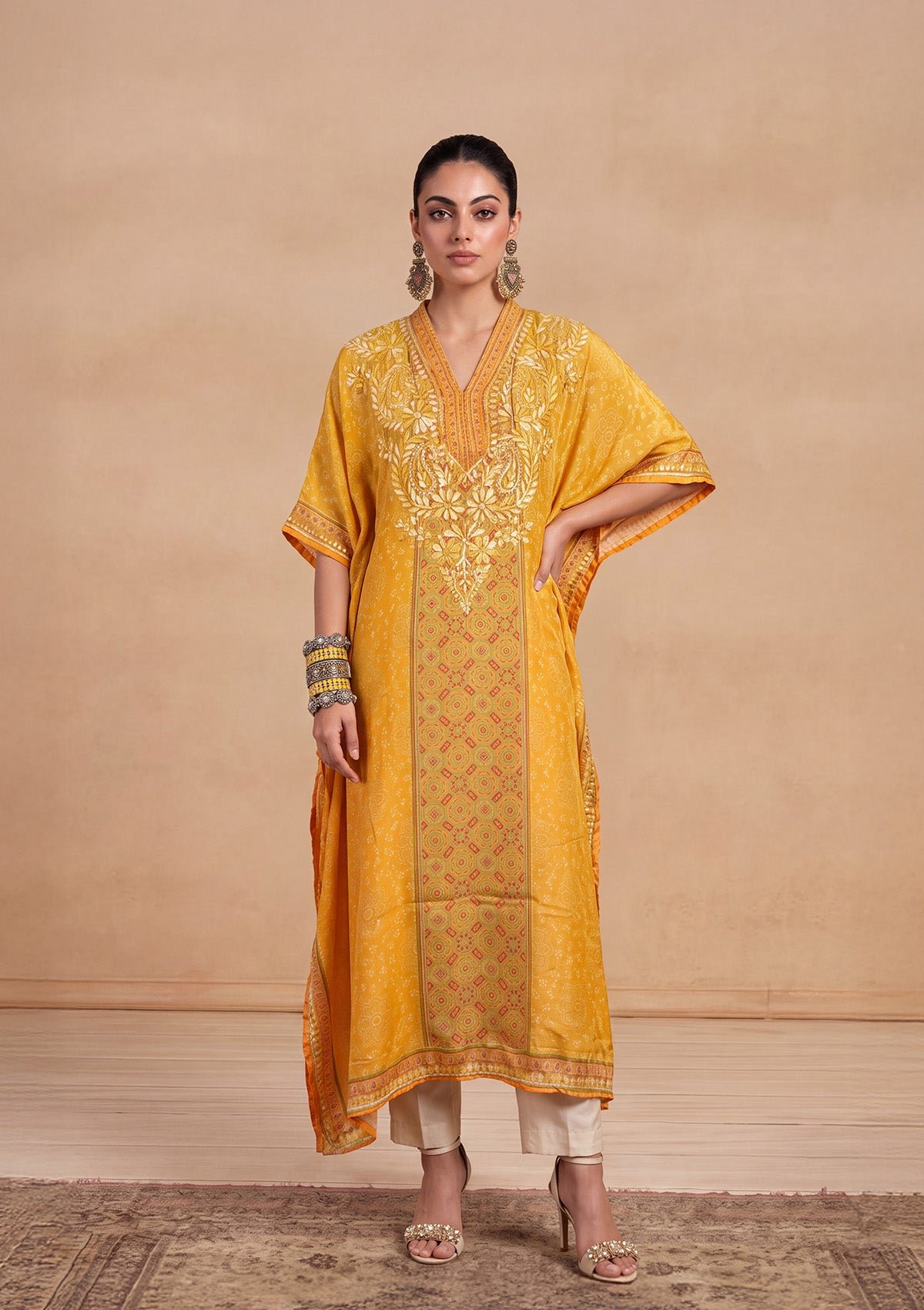 Chikankari Printed Women'S Kaftan -Yellow