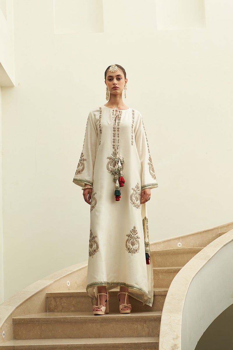 Ivory Chanderi Silk A-Line Kaftan with Tassel Tie