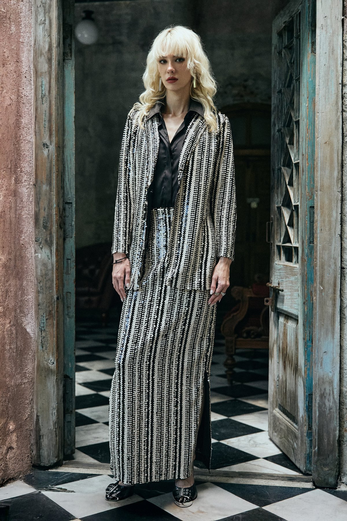 Black/White Sequin Stripe Maxi Skirt